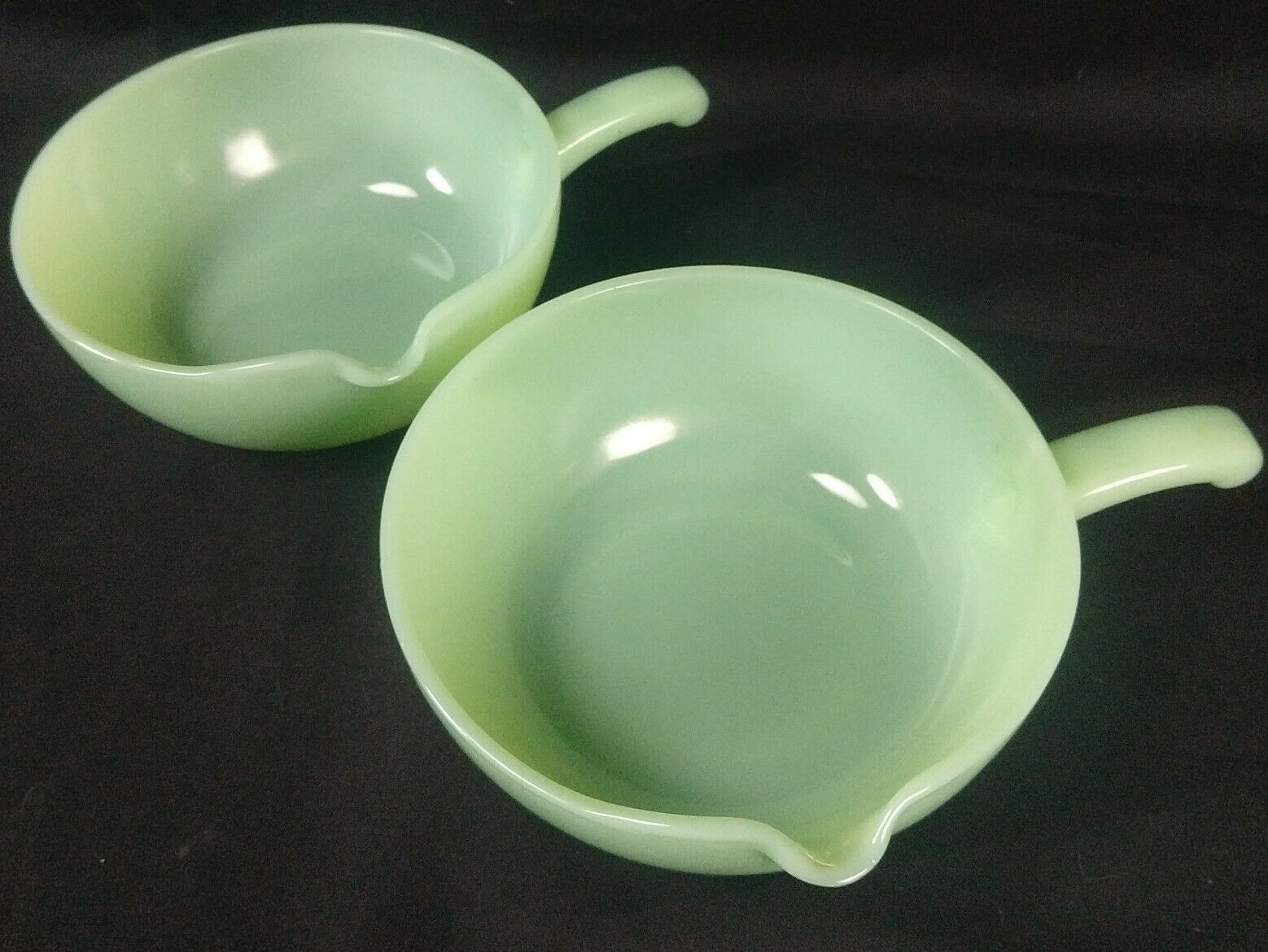 Pair Of Jadeite Green Fire King Spout Skillet Handle Bowls 1945-50's Vintage