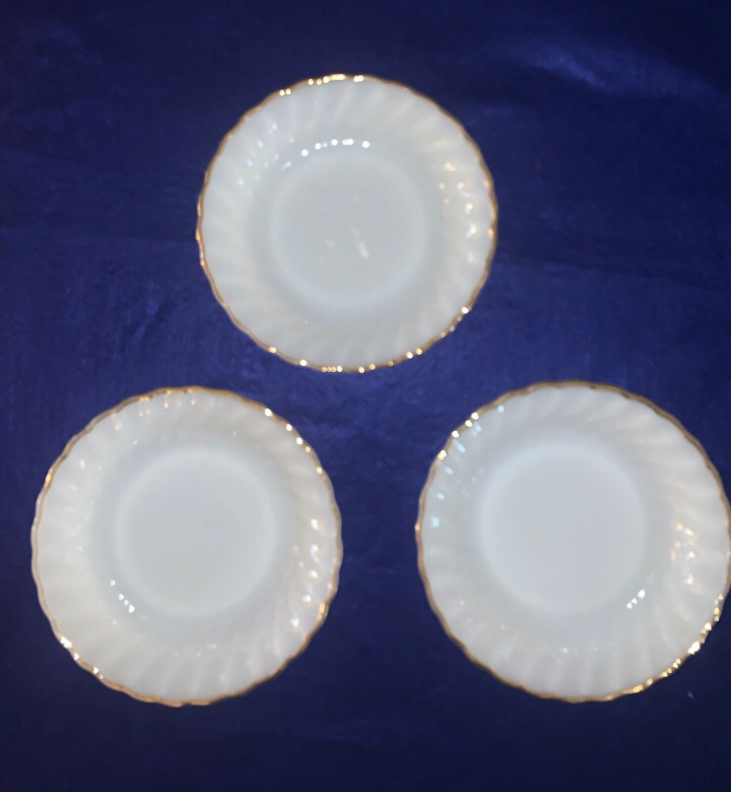 3 Anchor Hocking Fire King White Swirl Gold Trim Milk Glass Soup Dishes 7 1/2''